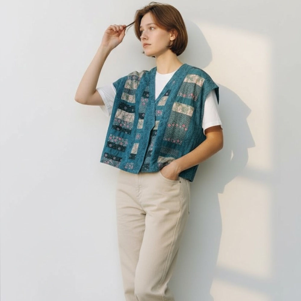 Quilted Patchwork Vest Lightweight Snap Closure O… - image 1